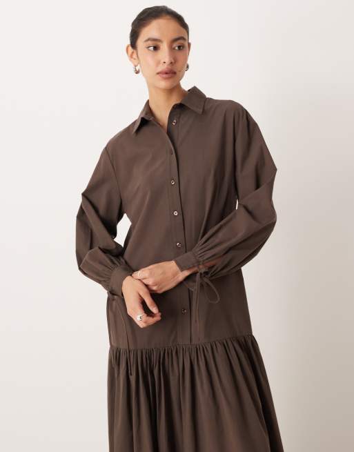ASOS DESIGN long sleeved tie detail maxi shirt dress in chocolate