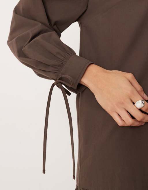 ASOS DESIGN long sleeved tie detail maxi shirt dress in chocolate