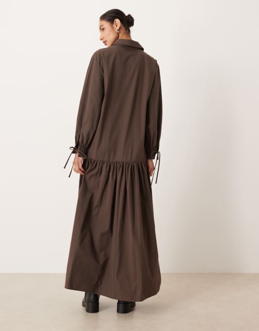 ASOS DESIGN long sleeved tie detail maxi shirt dress in chocolate