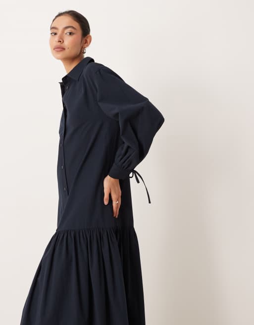 ASOS DESIGN long sleeved tie detail maxi shirt dress in navy