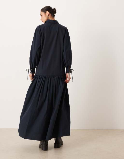 ASOS DESIGN long sleeved tie detail maxi shirt dress in navy