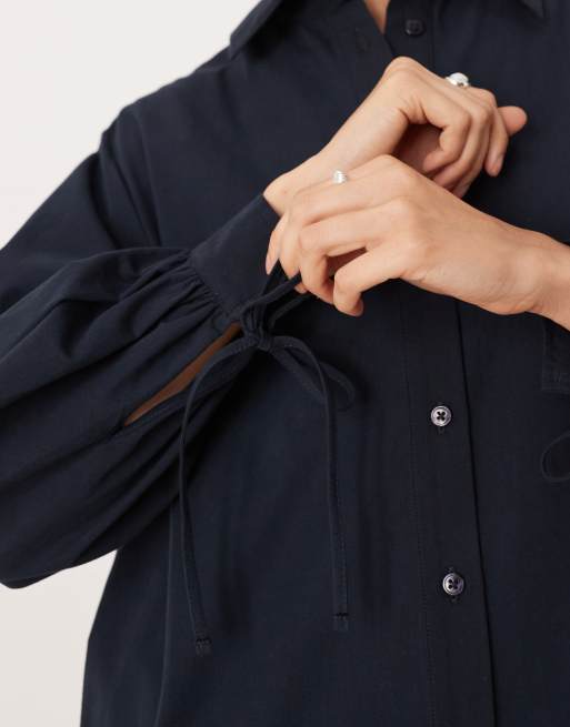 ASOS DESIGN long sleeved tie detail maxi shirt dress in navy