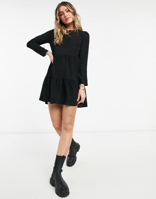 ASOS DESIGN long sleeved tiered smock mini dress in black