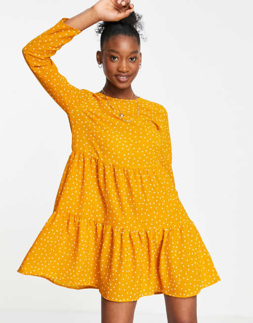 ASOS DESIGN long-sleeved tiered smock mini dress in mustard spot print, 2 of 4