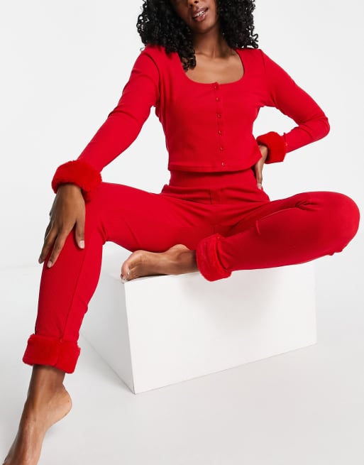 ASOS DESIGN long-sleeved top and legging pyjama set with faux-fur detachable trim in red