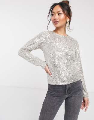 silver sequin long sleeve top