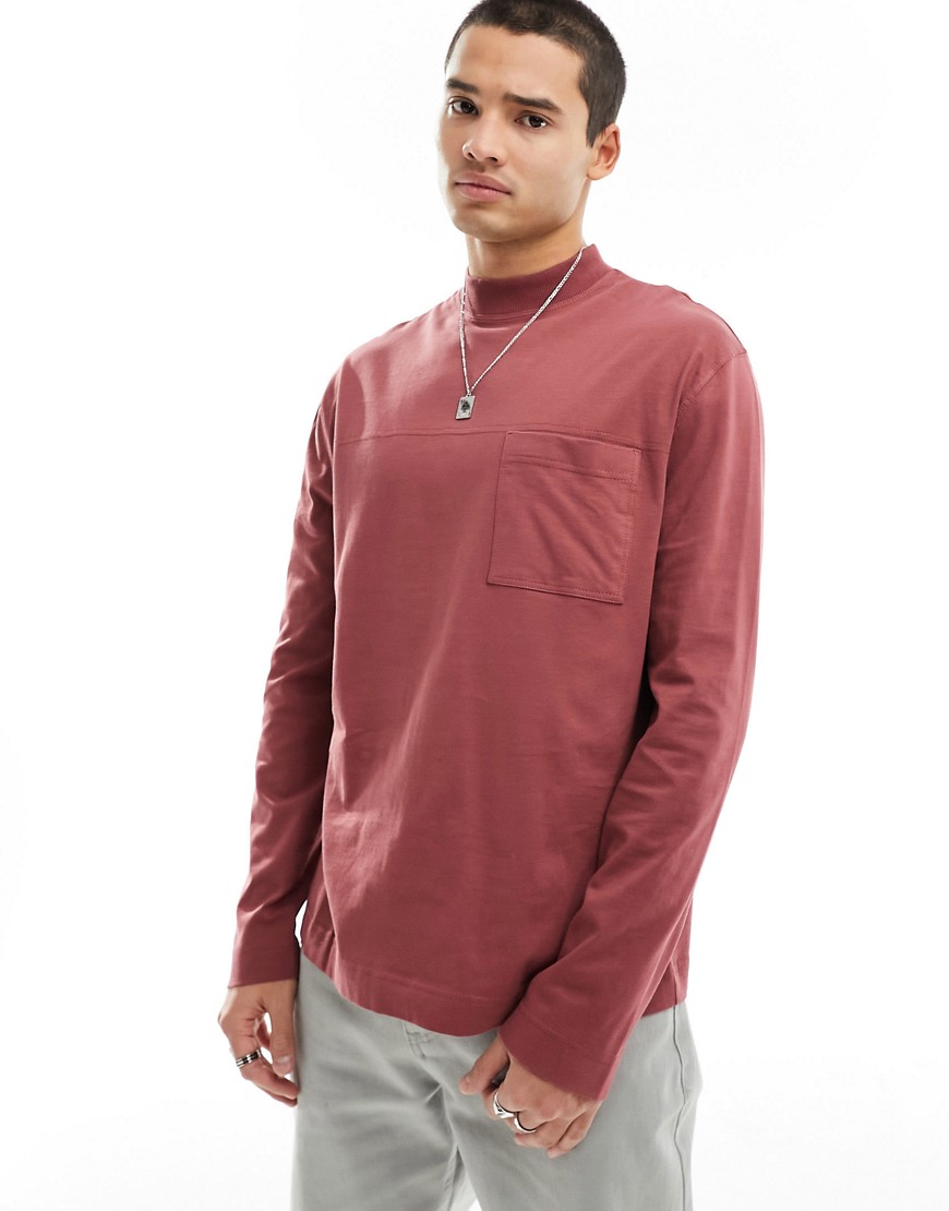 ASOS DESIGN long sleeved turtle neck t-shirt with pocket detail in washed burgundy-Red
