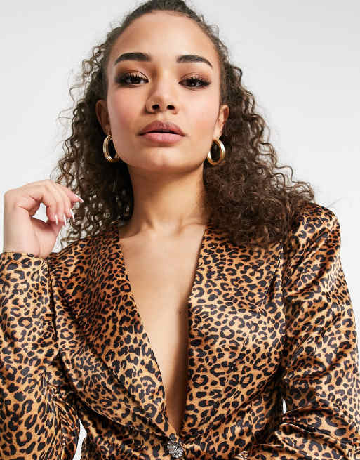 ASOS DESIGN long-sleeved tux top with diamante buttons in leopard print, 3 of 4