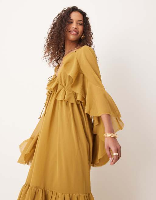 ASOS DESIGN long sleeved v neck midaxi dress with tie details in olive