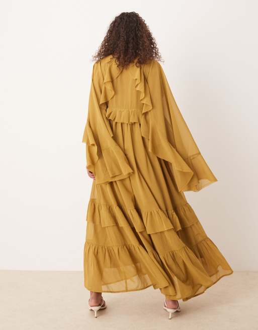 ASOS DESIGN long sleeved v neck midaxi dress with tie details in olive