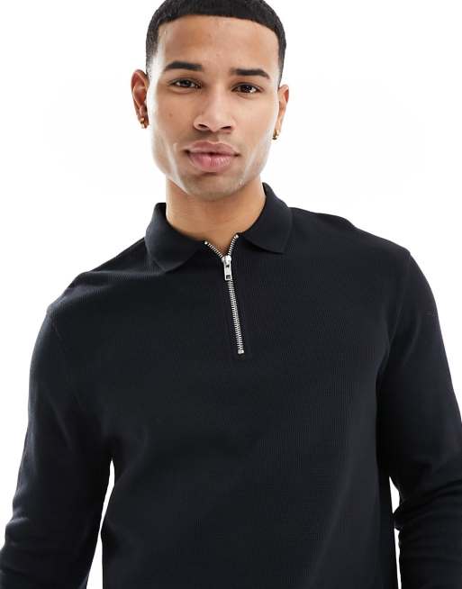 ASOS DESIGN long sleeved waffle polo with zip in black | ASOS