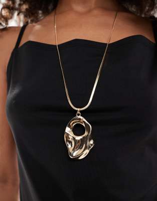 Asos Design Long Snake Chain Necklace With Molten Pendant In Gold