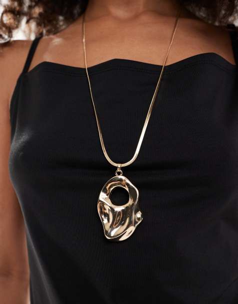 ASOS DESIGN long snake chain necklace with molten pendant in gold tone - view 1