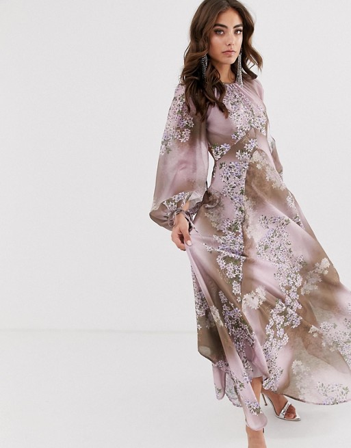 ASOS DESIGN long split sleeve maxi dress with open back in placed floral print