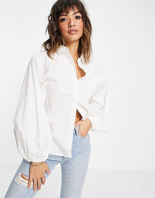 Women Shirts & Blouses/long volume sleeve shirt in cotton white 