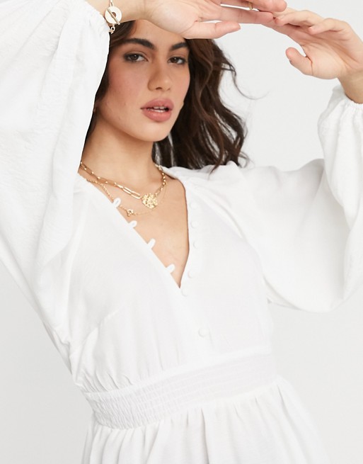 ASOS DESIGN long volume sleeve top with shirred waist in ivory