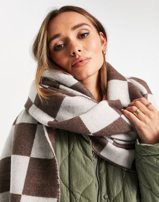 ASOS DESIGN long woven scarf in tonal checkerboard in brown