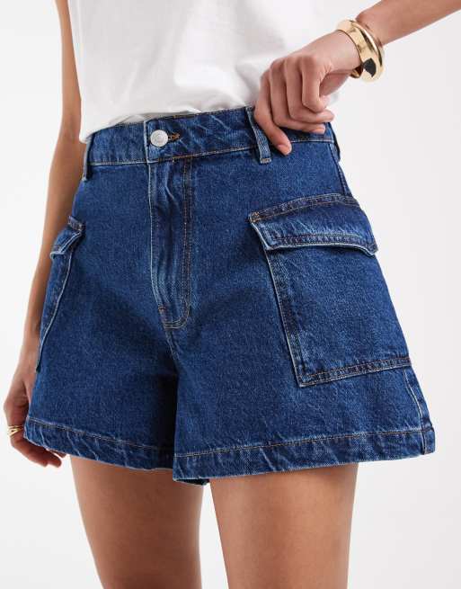 ASOS DESIGN longer a line shorts with utility pocket detail in rich blue, 4 of 5