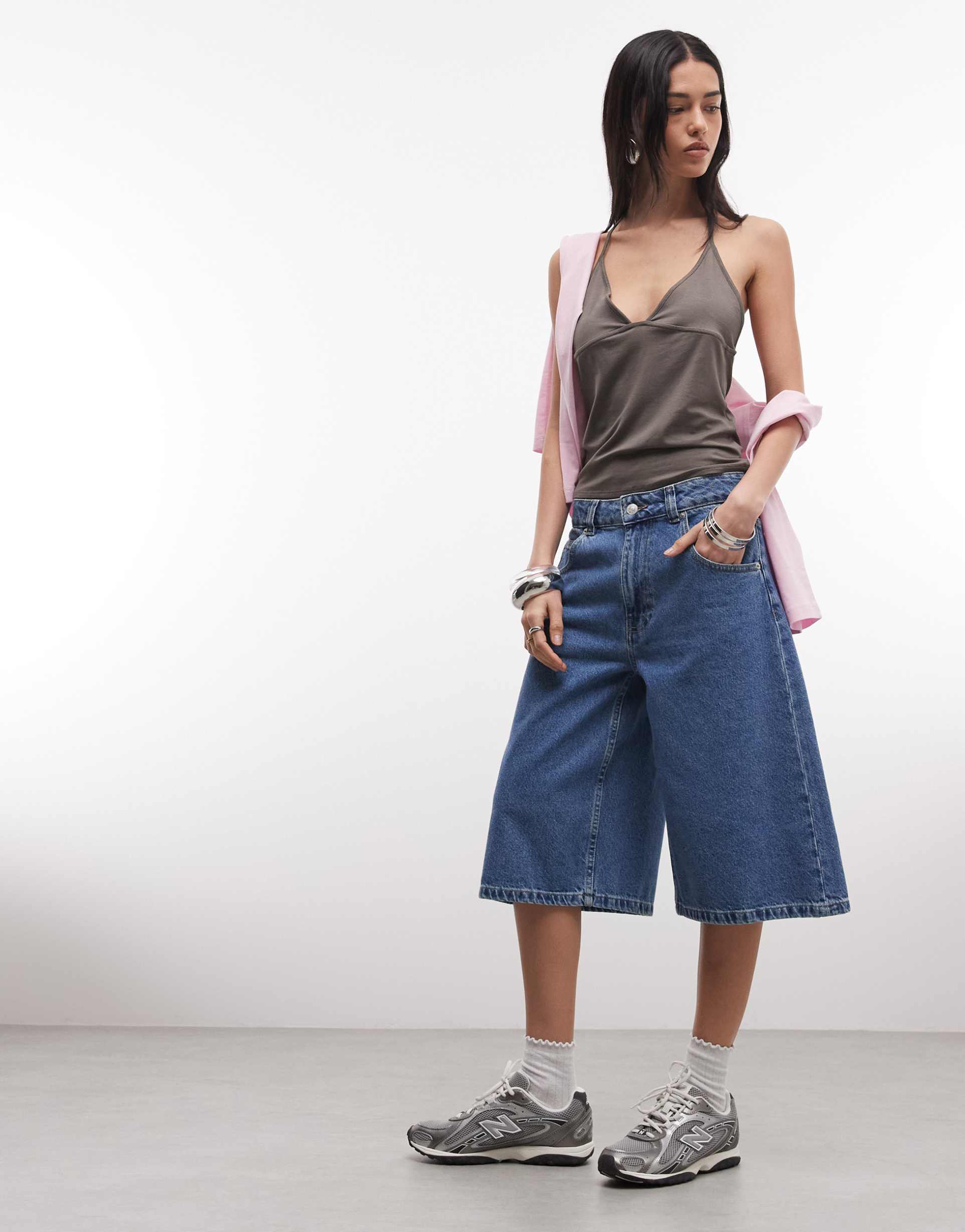 asos design longer bermuda shorts in mid blue