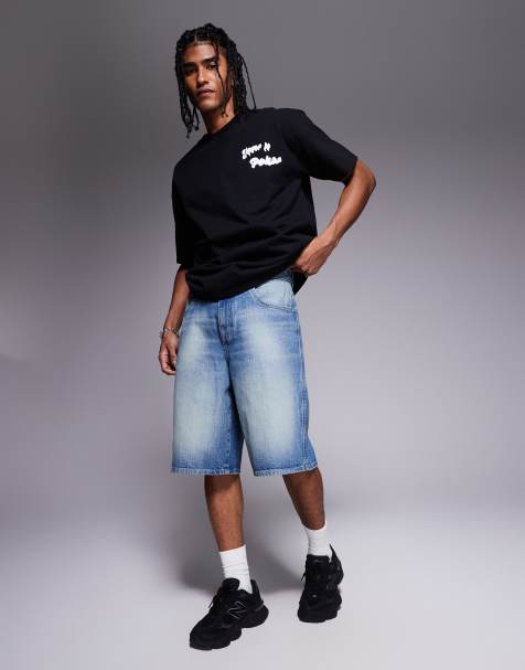 ASOS DESIGN longer length carpenter denim jort in mid wash blue - view 1