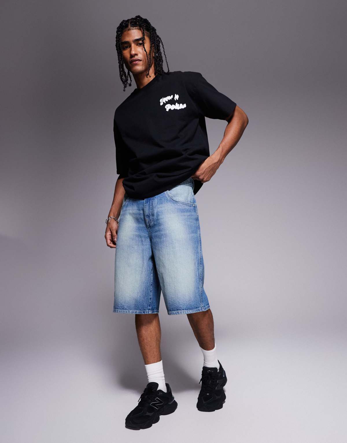 ASOS DESIGN longer length carpenter denim jort in mid wash blue