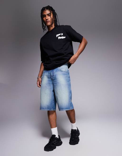 ASOS DESIGN longer length carpenter denim jorts in mid wash blue
