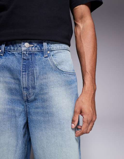 ASOS DESIGN longer length carpenter denim jorts in mid wash blue