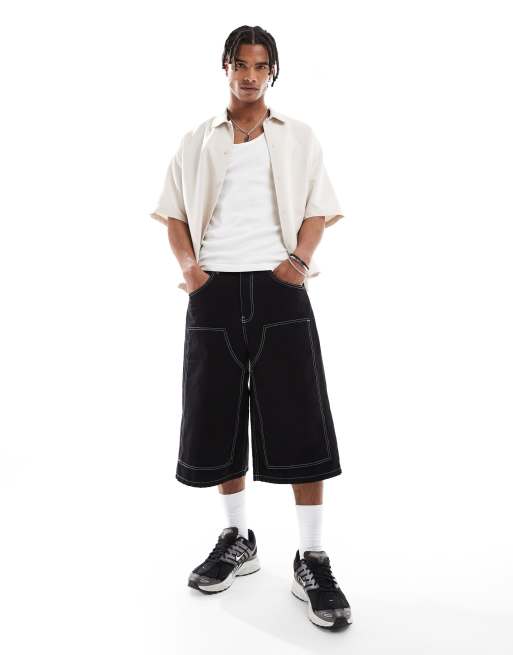 ASOS DESIGN longer length carpenter jorts with contrast stitch in black
