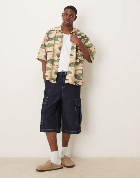 ASOS DESIGN longer length denim cargo jorts in light wash blue - view 1