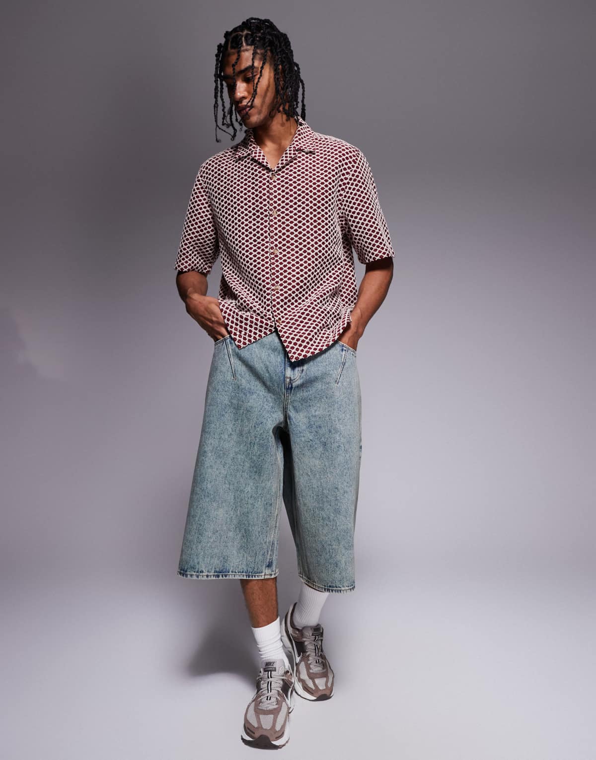 ASOS DESIGN longer length denim jort in acid wash with pleat detail