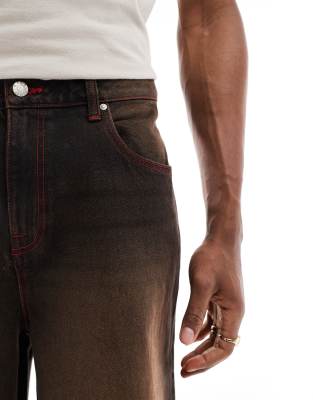 ASOS DESIGN longer length denim jorts in brown wash with red contrast stitch