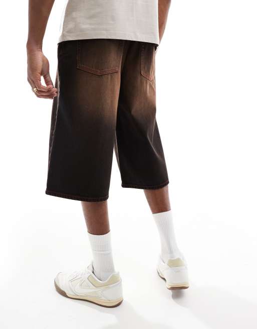 ASOS DESIGN longer length denim jort in brown wash with red contrast stitch, 3 of 5