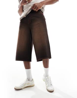 ASOS DESIGN longer length denim jorts in brown wash with red contrast stitch