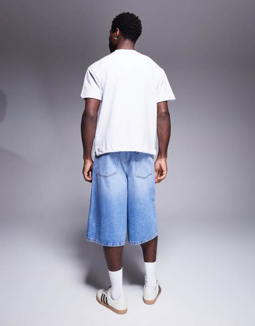 ASOS DESIGN longer length denim jort in light wash blue, 3 of 5
