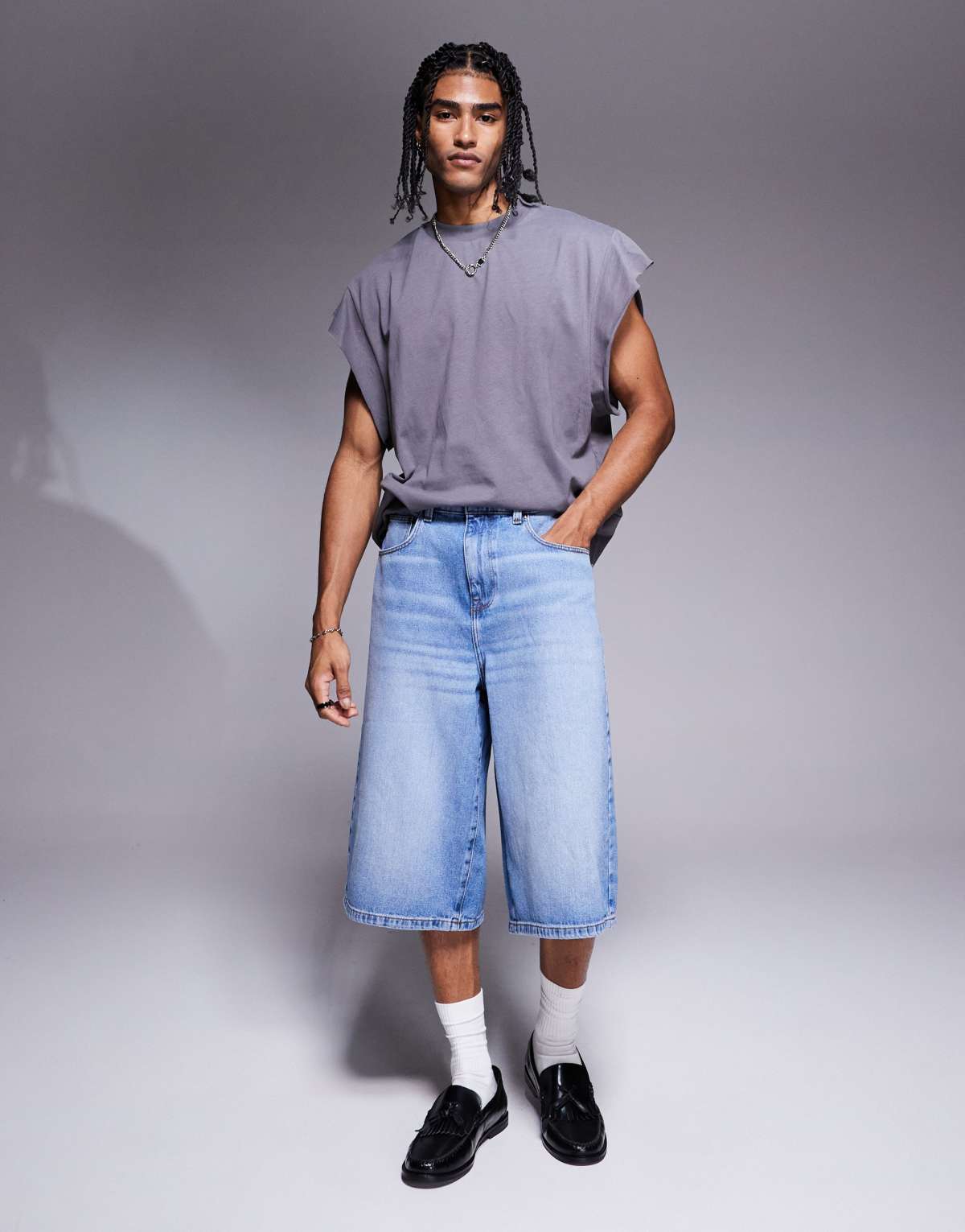 ASOS DESIGN longer length denim jort in light wash blue