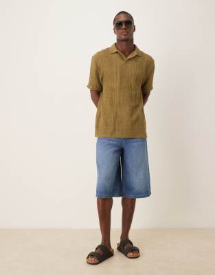 ASOS DESIGN longer length denim jort in mid wash blue - view 1