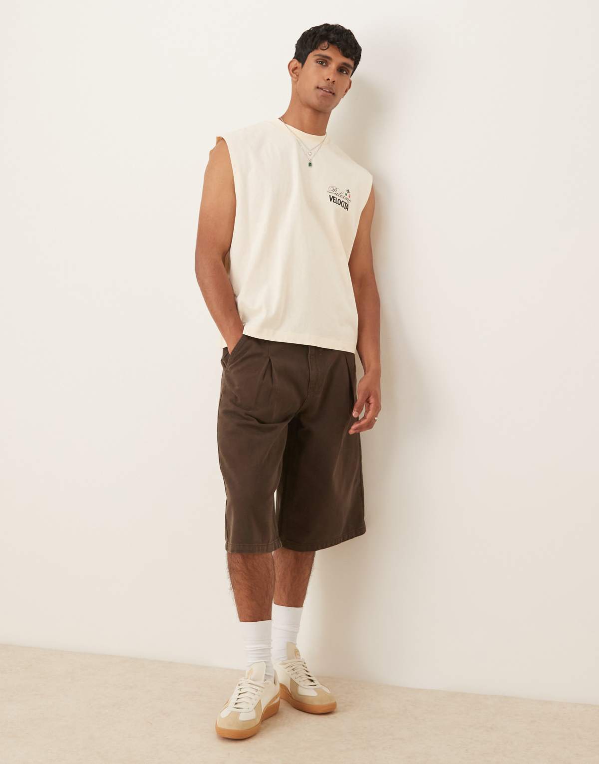 ASOS DESIGN longer length denim jort with box pleat in brown wash