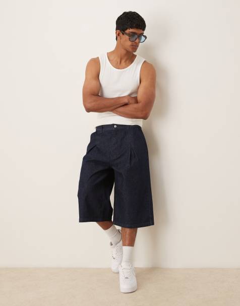 ASOS DESIGN longer length denim jort with box pleat in raw wash - view 1