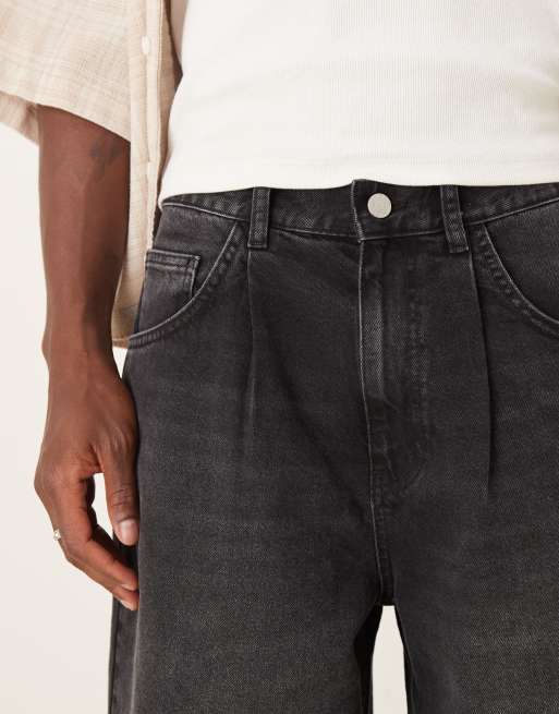 ASOS DESIGN longer length denim jort with pleats in washed black