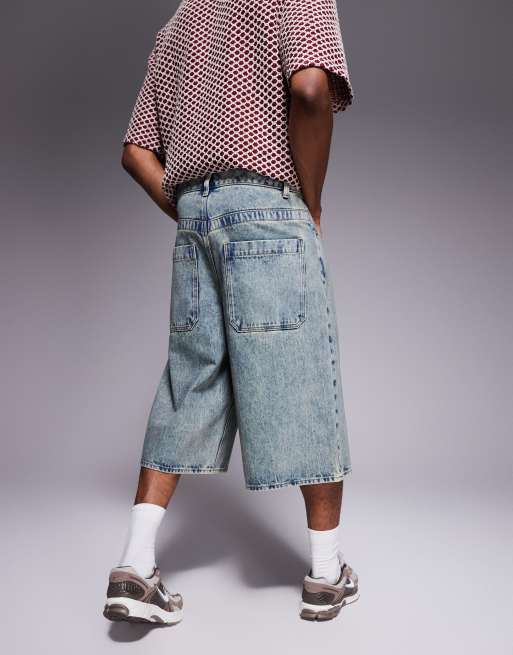ASOS DESIGN longer length denim jorts in acid wash with pleat details