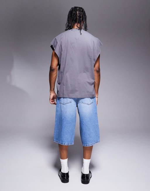 ASOS DESIGN longer length denim jorts in light wash blue