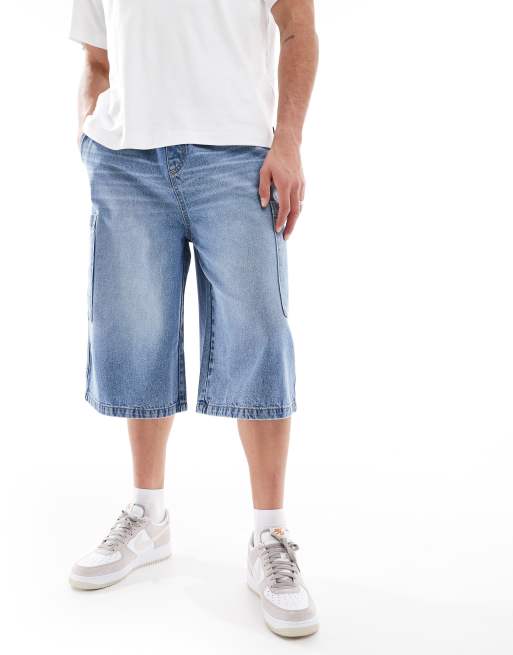 ASOS DESIGN longer length denim jorts in mid wash blue with cargo pocket details, 3 of 5