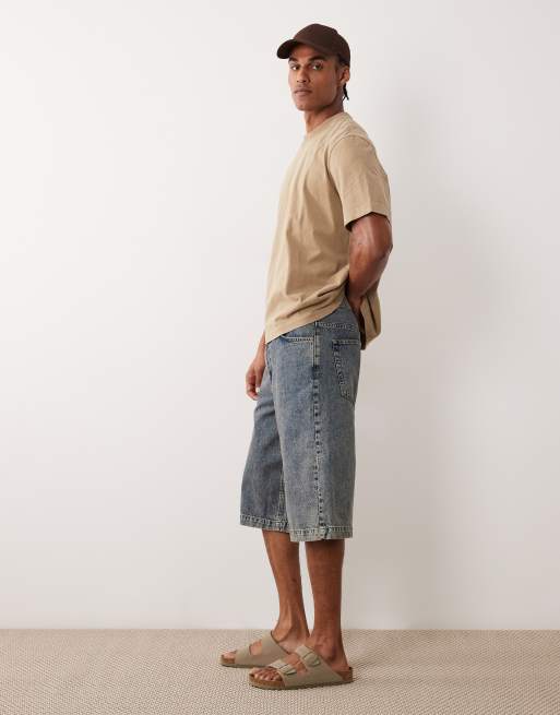 ASOS DESIGN longer length denim jorts in mid wash blue with tint, 3 of 5