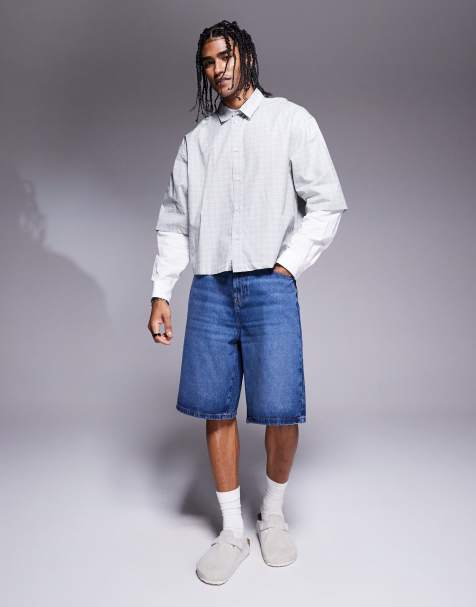 ASOS DESIGN longer length denim jorts in mid wash blue - view 1
