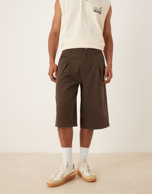 ASOS DESIGN longer length denim jorts with box pleat in brown wash