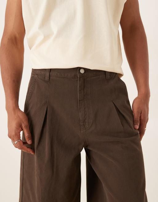 ASOS DESIGN longer length denim jorts with box pleat in brown wash