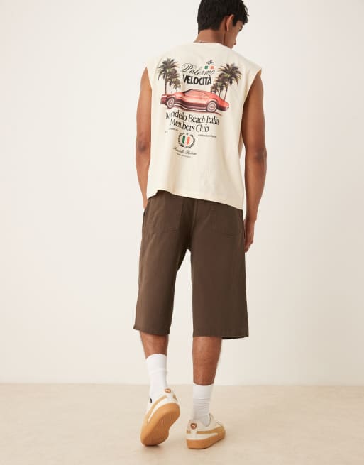 ASOS DESIGN longer length denim jorts with box pleat in brown wash