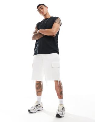 FhyzicsShops DESIGN longer length denim jorts with cargo detail and raw hem in white