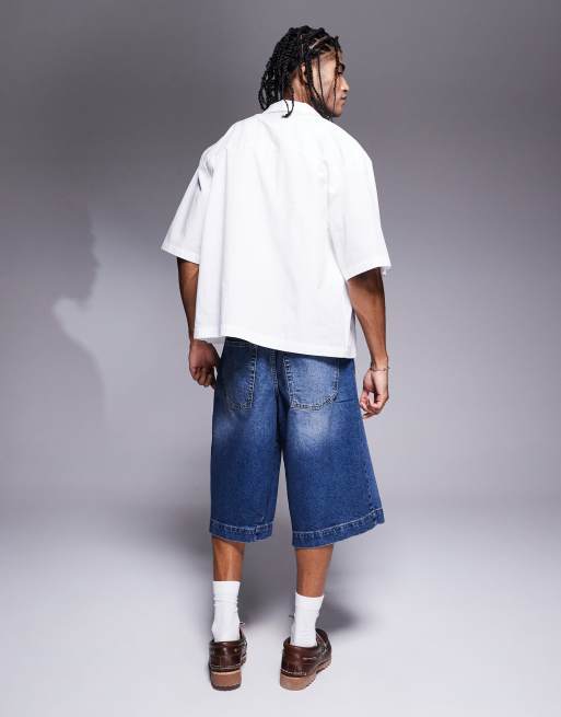 ASOS DESIGN longer length denim jorts with twisted seam in mid wash blue, 2 of 5