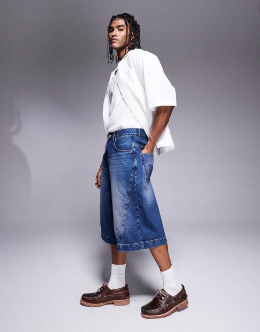 ASOS DESIGN longer length denim jorts with twisted seam in mid wash blue, 3 of 5
